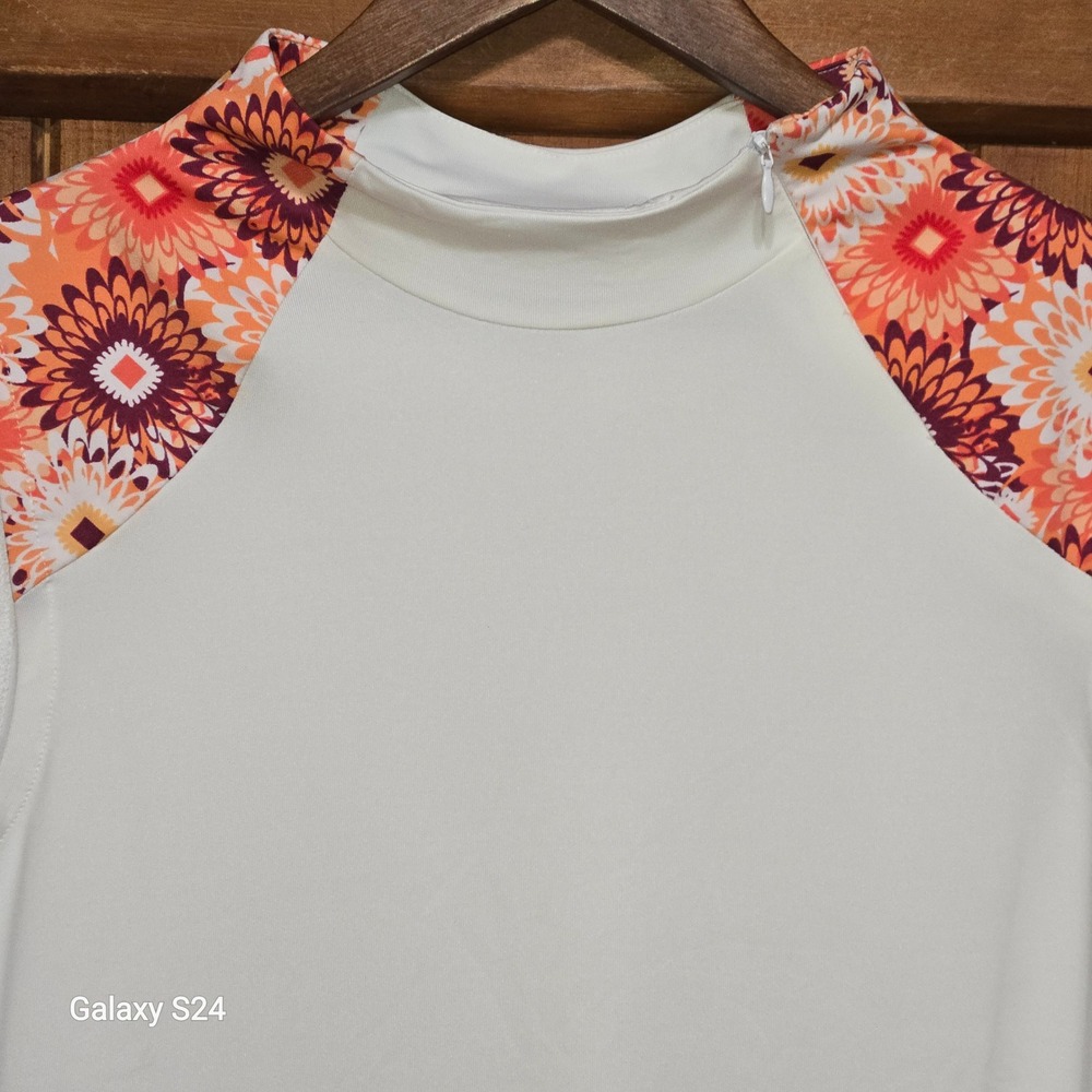 Womens Sleeveless Mock Neck Golf Top White Floral Medallion Shoulder Zip Accent